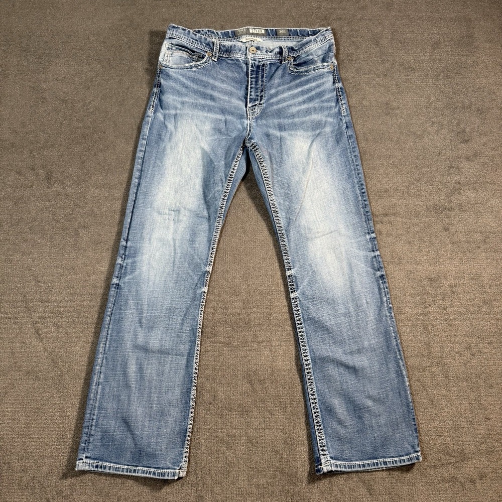 BKE Buckle Tyler Jeans Men's Size 34x30 (Tag 36x30)  Bootcut Thick Stitch Denim